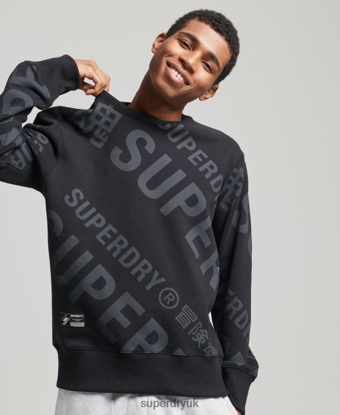 Core Logo All Over Print Crew Sweatshirt Men Black Clothing Superdry 66N8N5802