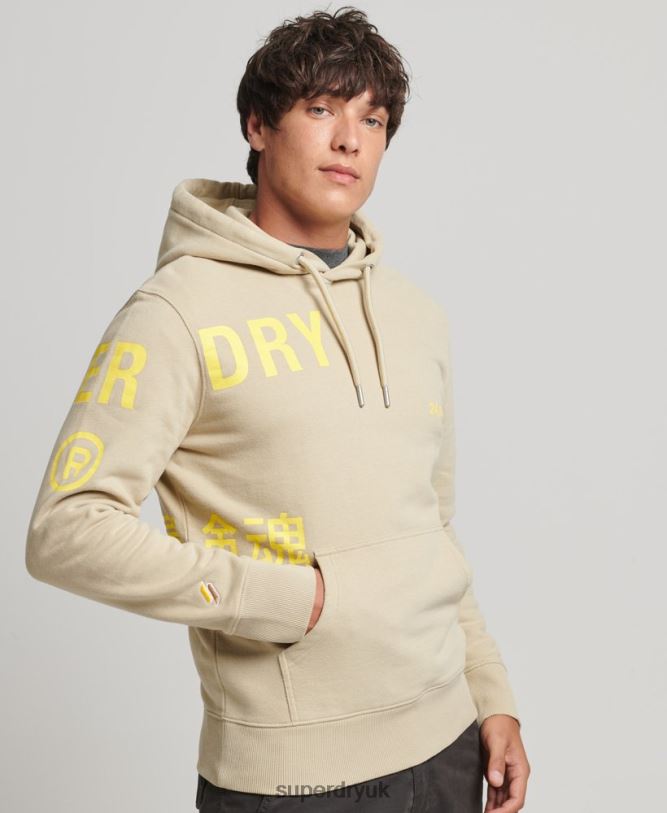 Stacked Logo Print Loose Hoodie Men Beige Clothing Superdry 66N8N5222