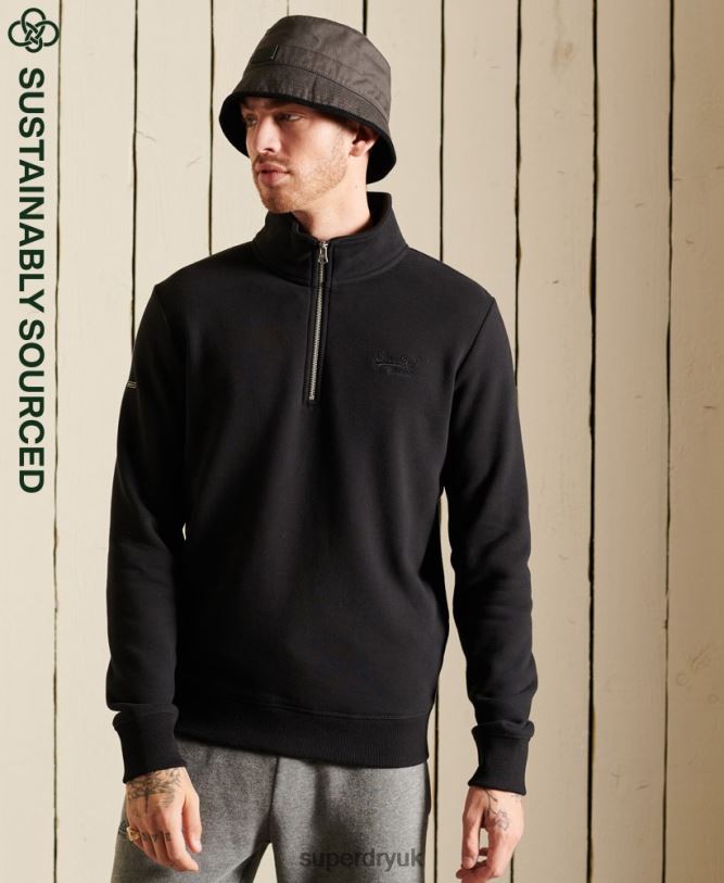 Vintage Logo Embroidered Zip Henley Sweatshirt Men Black Clothing Superdry 66N8N821