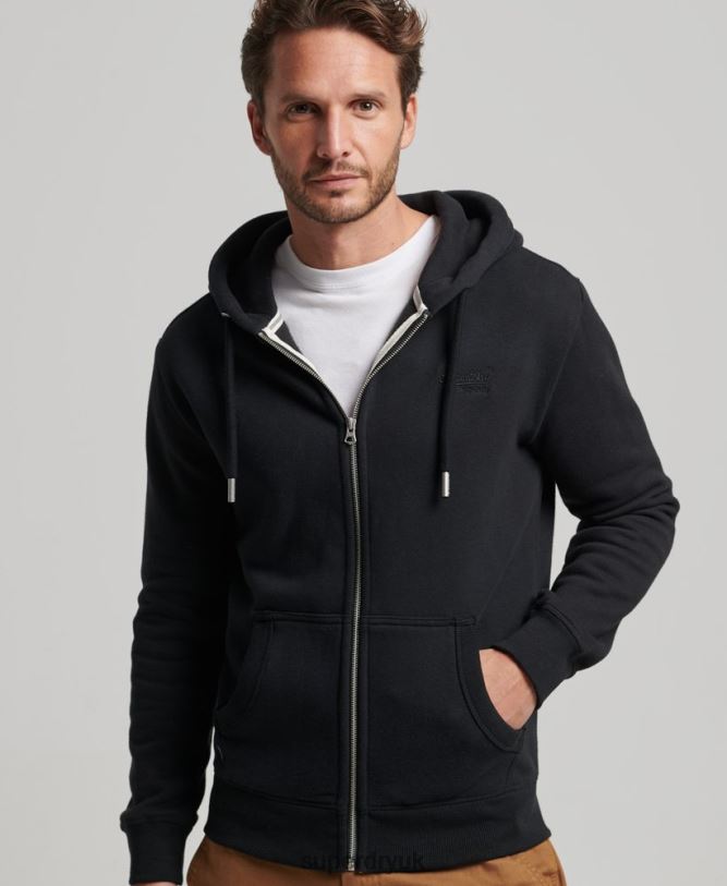 Vintage Logo Embroidered Zip Hoodie Men Black Clothing Superdry 66N8N731