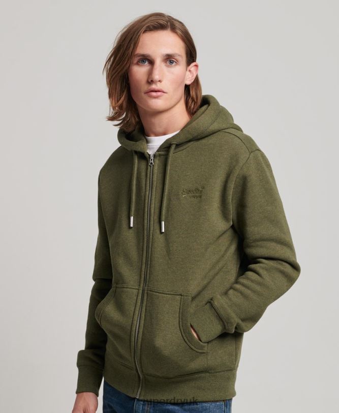 Vintage Logo Embroidered Zip Hoodie Men Khaki Clothing Superdry 66N8N703