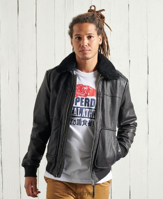 Aviator Flight Leather Jacket Men Black Clothing Superdry 66N8N4488