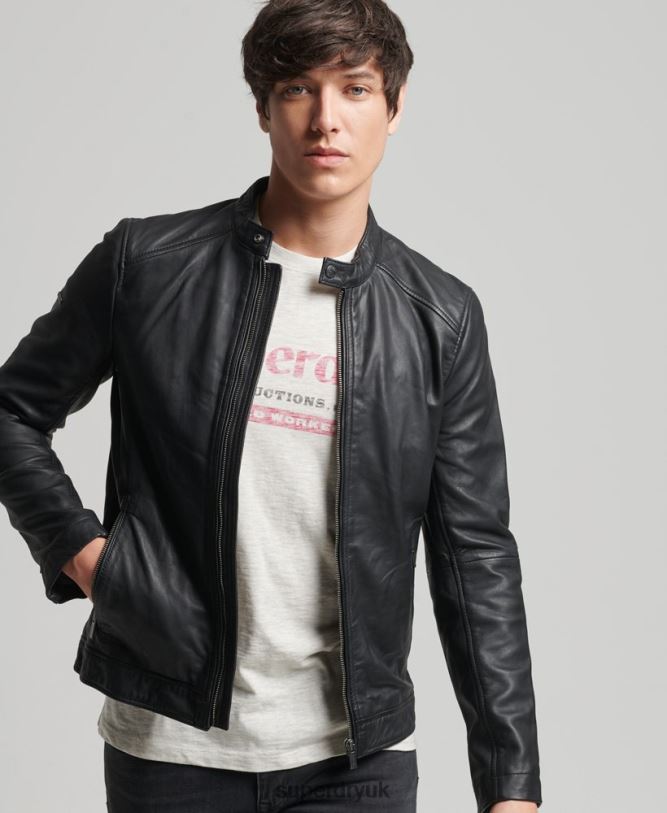 Hero Light Leather Racer Jacket Men Black Clothing Superdry 66N8N4607