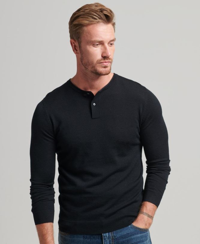Merino Crew Neck Henley Knitted Top Men Black Clothing Superdry 66N8N1534