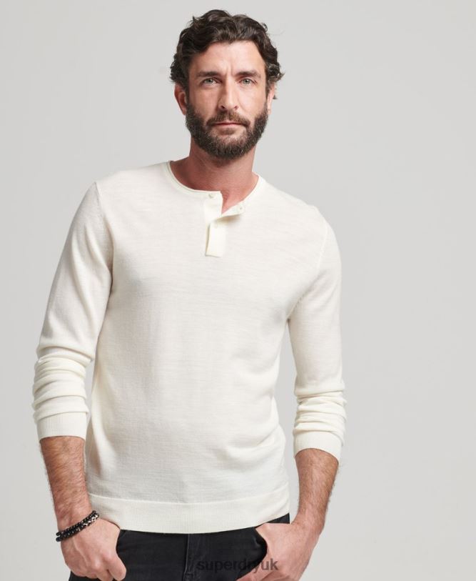 Merino Crew Neck Henley Knitted Top Men Cream Clothing Superdry 66N8N1520