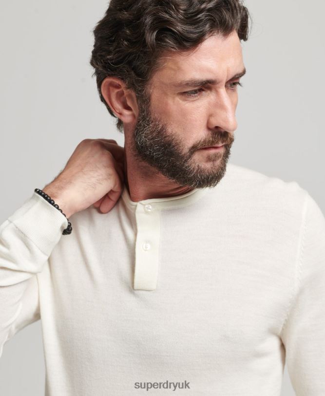 Merino Crew Neck Henley Knitted Top Men Cream Clothing Superdry 66N8N1520