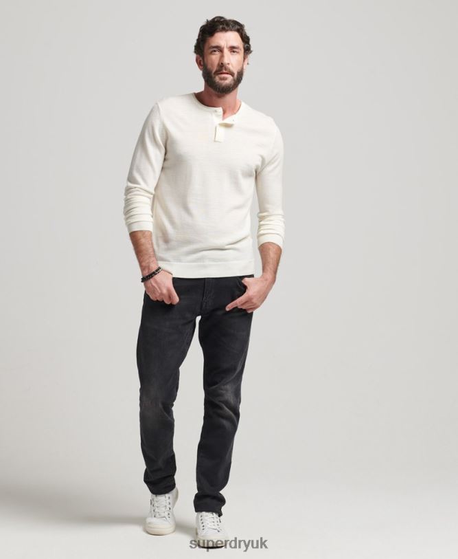 Merino Crew Neck Henley Knitted Top Men Cream Clothing Superdry 66N8N1520