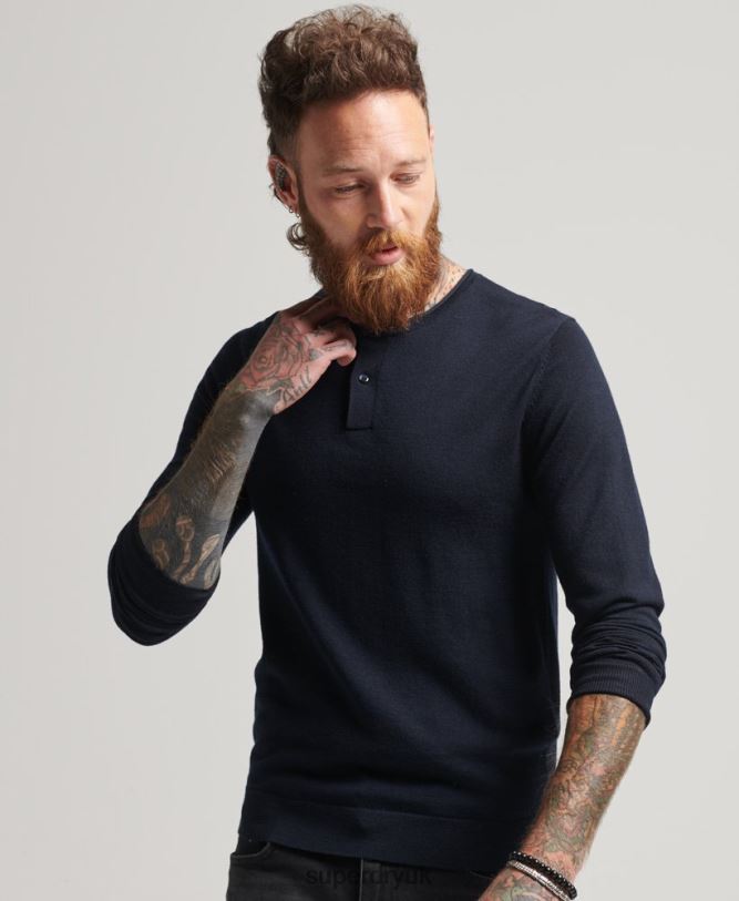 Merino Crew Neck Henley Knitted Top Men Navy Clothing Superdry 66N8N1522