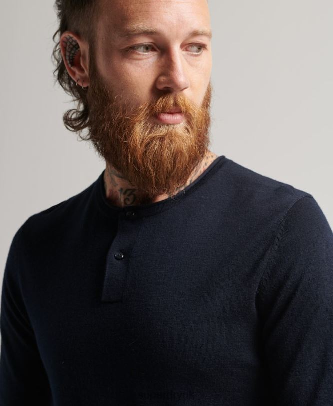 Merino Crew Neck Henley Knitted Top Men Navy Clothing Superdry 66N8N1522
