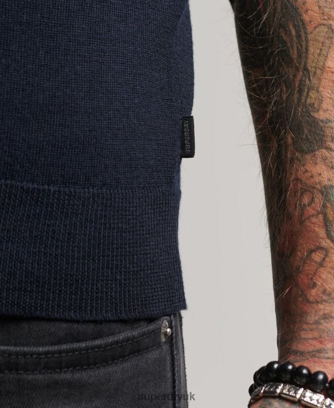 Merino Crew Neck Henley Knitted Top Men Navy Clothing Superdry 66N8N1522