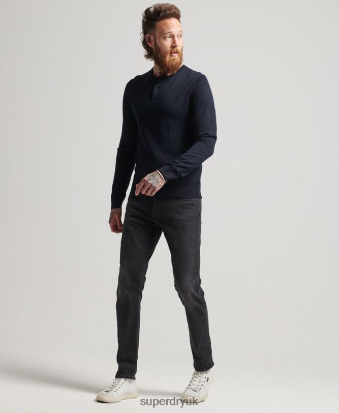Merino Crew Neck Henley Knitted Top Men Navy Clothing Superdry 66N8N1522
