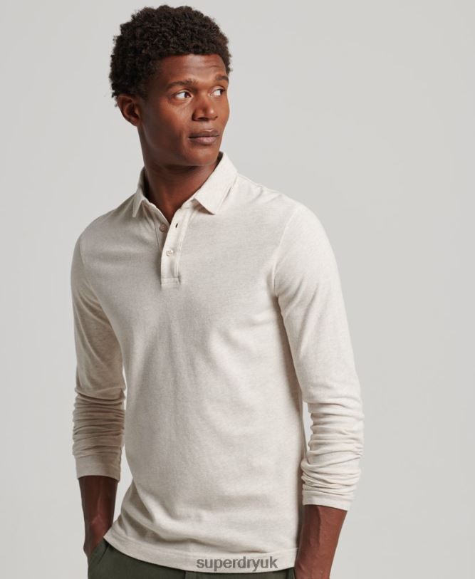 Long Sleeve Cotton Jersey Polo Shirt Men Beige Clothing Superdry 66N8N6460