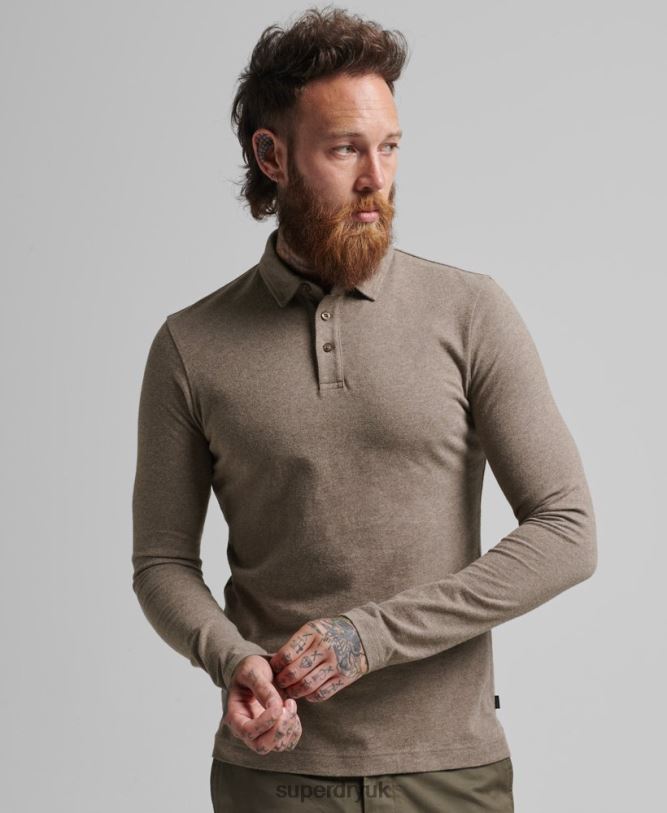 Long Sleeve Cotton Jersey Polo Shirt Men Brown Clothing Superdry 66N8N6451