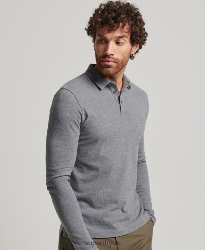 Long Sleeve Cotton Jersey Polo Shirt Men Dark Grey Clothing Superdry 66N8N6394