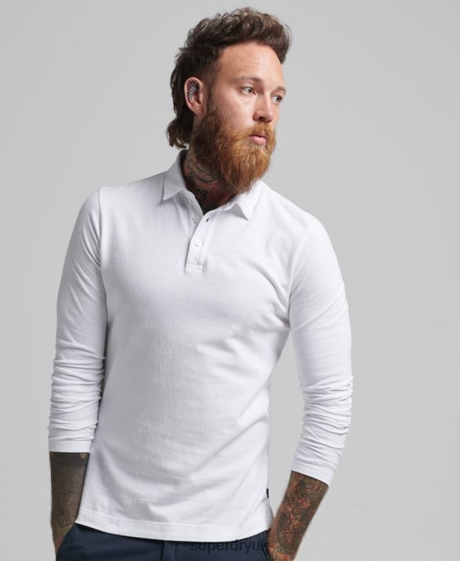 Long Sleeve Cotton Jersey Polo Shirt Men White Clothing Superdry 66N8N6360