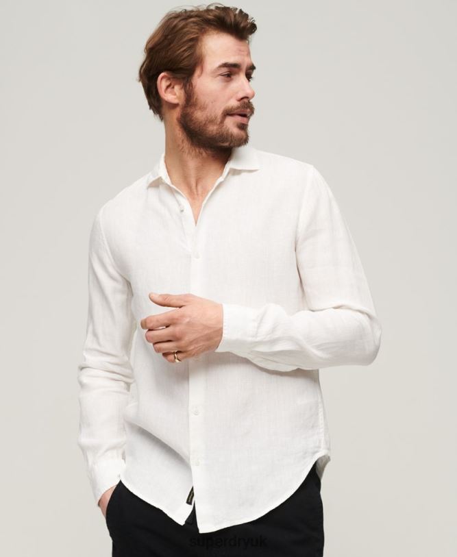 Casual Linen Long Sleeve Shirt Men White Clothing Superdry 66N8N144