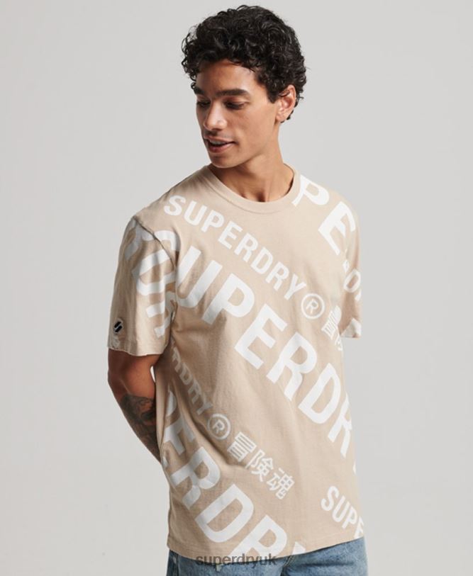 All Over Print Logo Loose T-Shirt Men Beige Clothing Superdry 66N8N4821