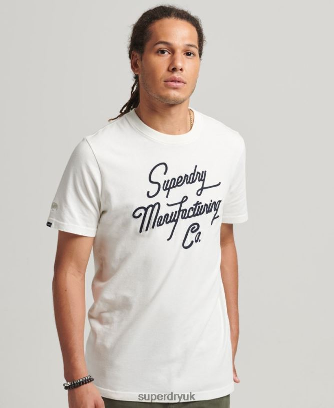Embroidered Script Logo T-Shirt Men Cream Clothing Superdry 66N8N4851