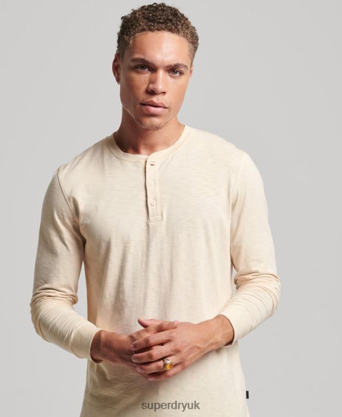 Long Sleeve Jersey Henley Top Men Cream Clothing Superdry 66N8N6365