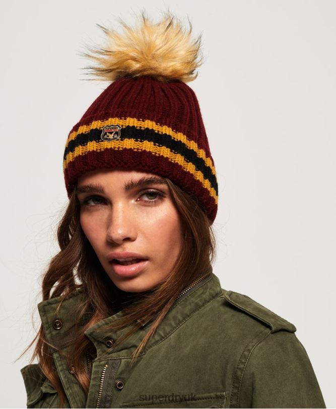 Aimee Stripe Ribbed Beanie Women Red Accessories Superdry 66N8N4339