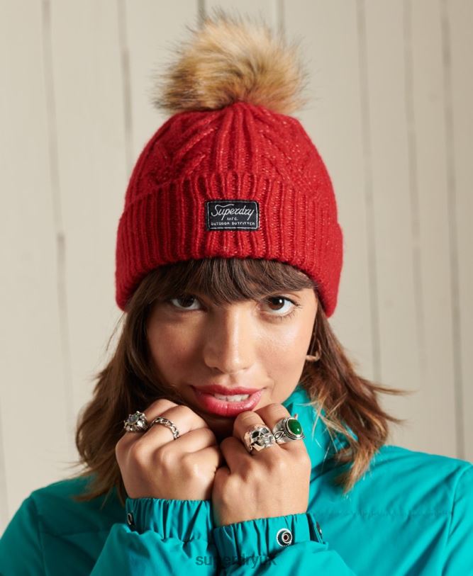 Cable Lux Beanie Women Red Accessories Superdry 66N8N4294