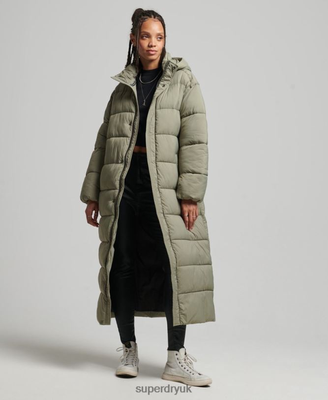 Cocoon Longline Puffer Coat Women Khaki Clothing Superdry 66N8N5451