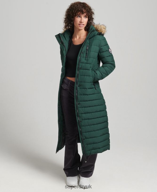 Faux Fur Hooded Longline Light Padded Puffer Coat Women Green Clothing Superdry 66N8N3702