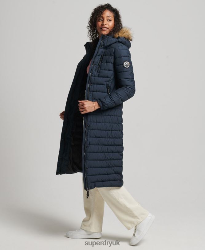 Faux Fur Hooded Longline Light Padded Puffer Coat Women Navy Clothing Superdry 66N8N3622