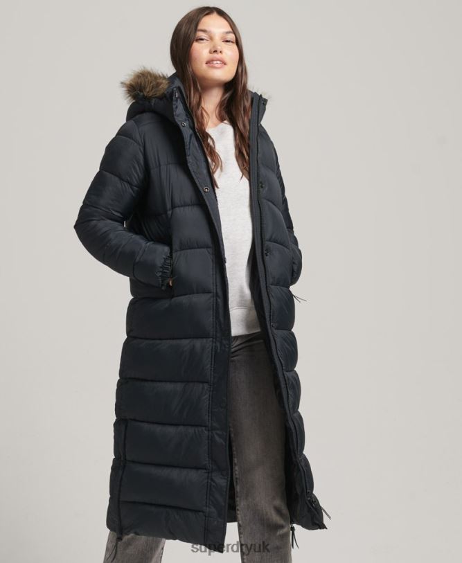 Faux Fur Hooded Longline Puffer Coat Women Dark Grey Clothing Superdry 66N8N3660