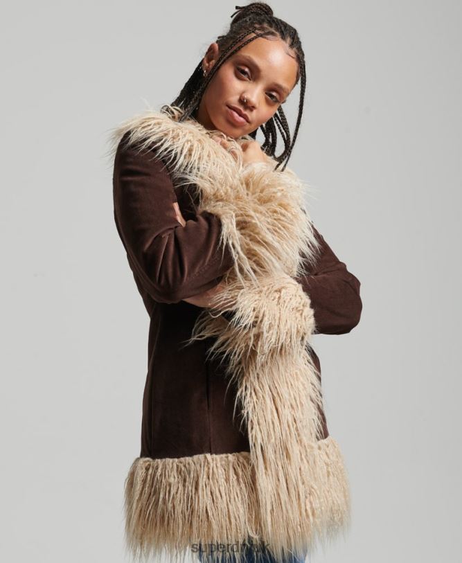 Faux Fur Lined Afghan Coat Women Brown Clothing Superdry 66N8N3643