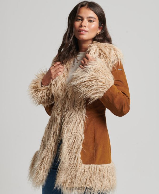 Faux Fur Lined Afghan Coat Women Brown Clothing Superdry 66N8N3737