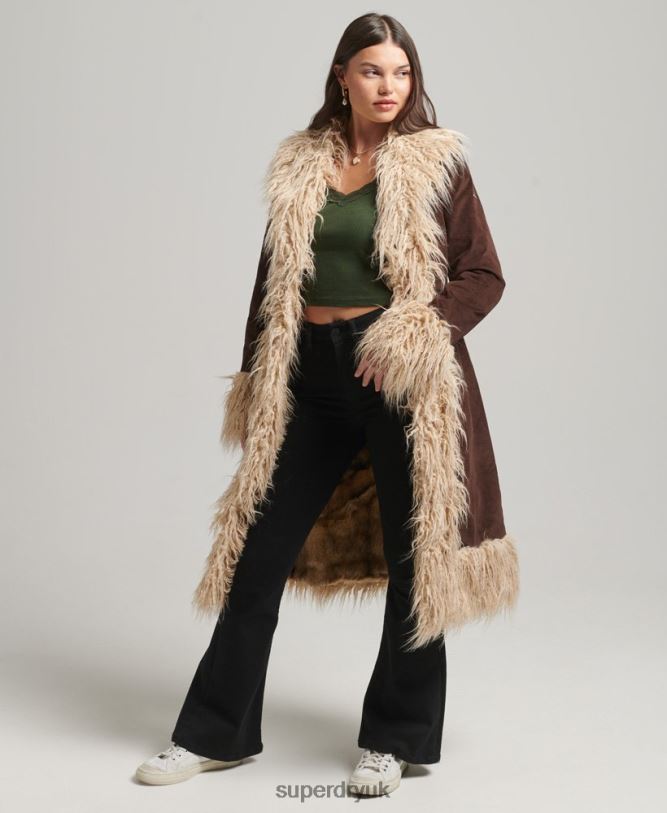Faux Fur Lined Longline Afghan Coat Women Brown Clothing Superdry 66N8N3813