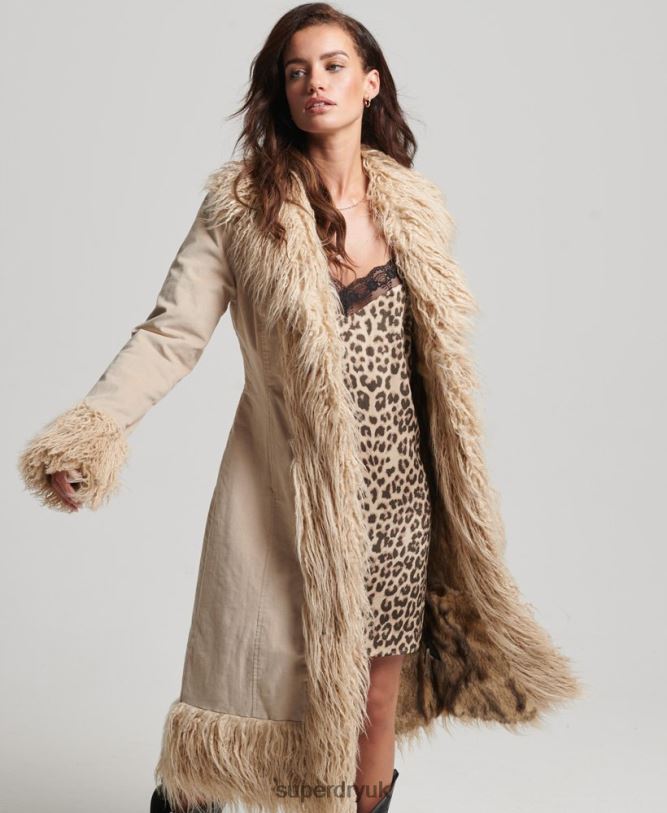 Faux Fur Lined Longline Afghan Coat Women Brown Clothing Superdry 66N8N3824