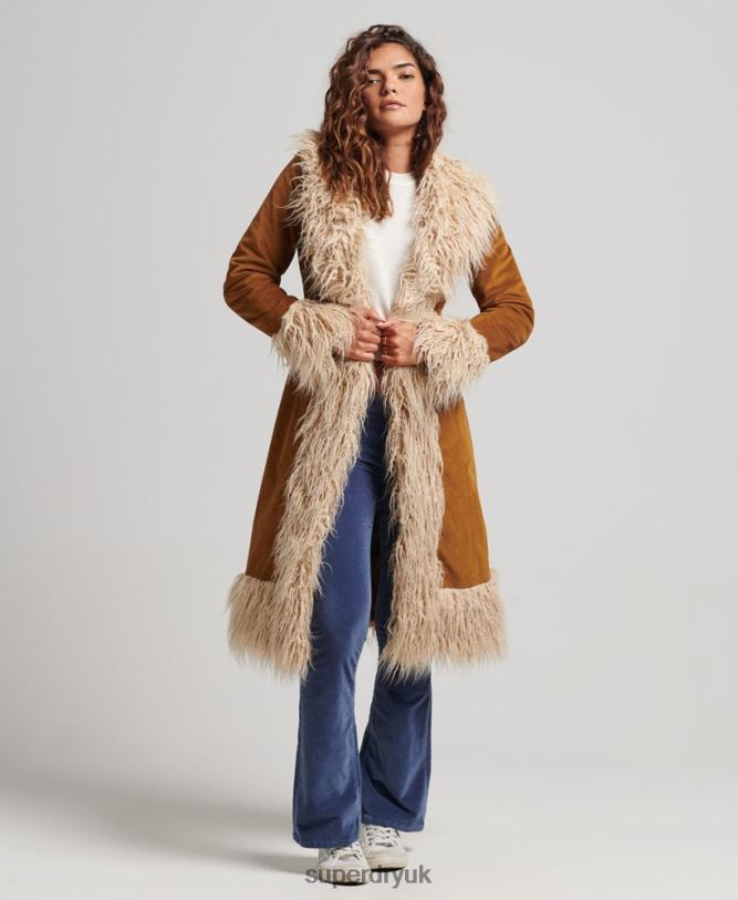 Faux Fur Lined Longline Afghan Coat Women Brown Clothing Superdry 66N8N3835