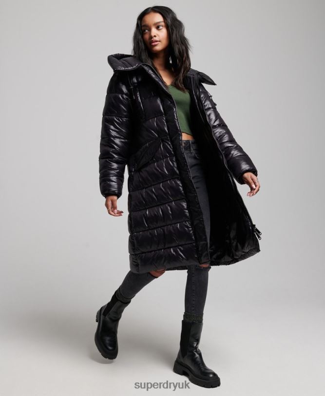 High Shine Longline Duvet Coat Women Black Clothing Superdry 66N8N5642