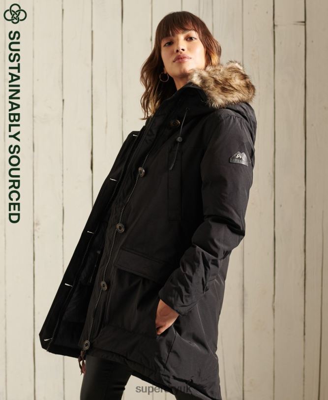 Hooded Faux Fur Down Parka Coat Women Black Clothing Superdry 66N8N3641