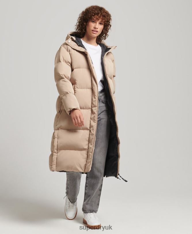 Hooded Longline Puffer Coat Women Beige Clothing Superdry 66N8N3595