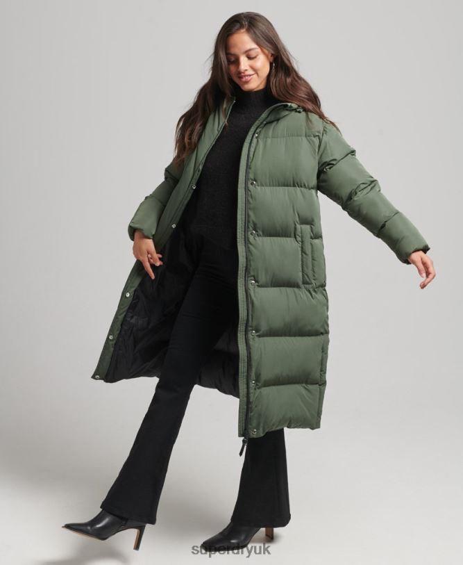 Hooded Longline Puffer Coat Women Green Clothing Superdry 66N8N3709