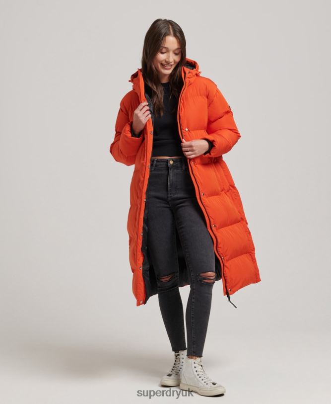 Hooded Longline Puffer Coat Women Orange Clothing Superdry 66N8N3710