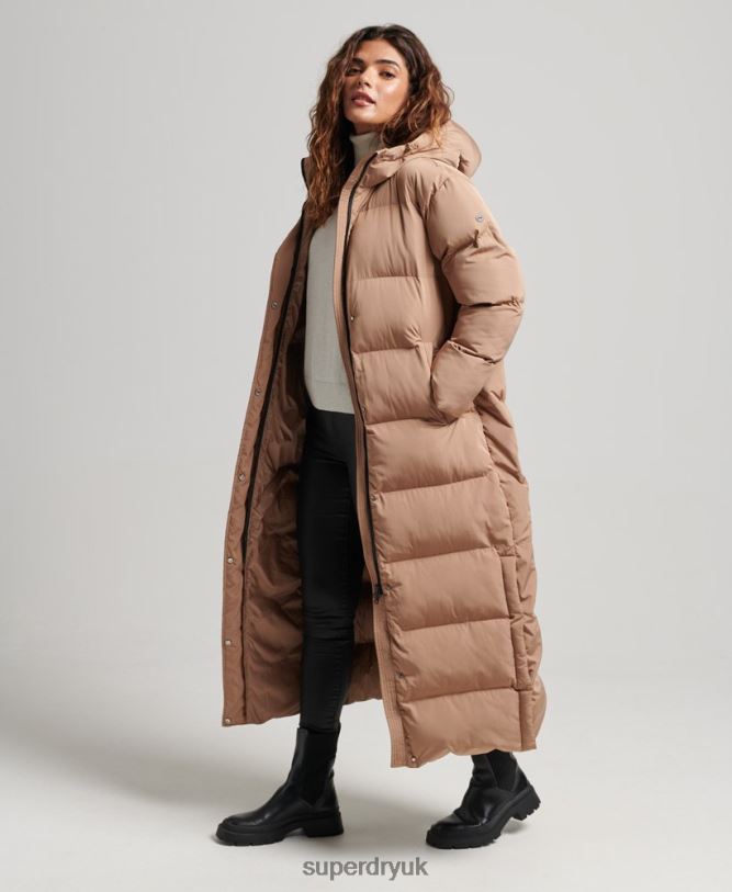 Hooded Maxi Puffer Coat Women Brown Clothing Superdry 66N8N3650