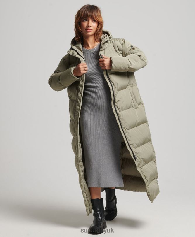 Hooded Maxi Puffer Coat Women Khaki Clothing Superdry 66N8N3693