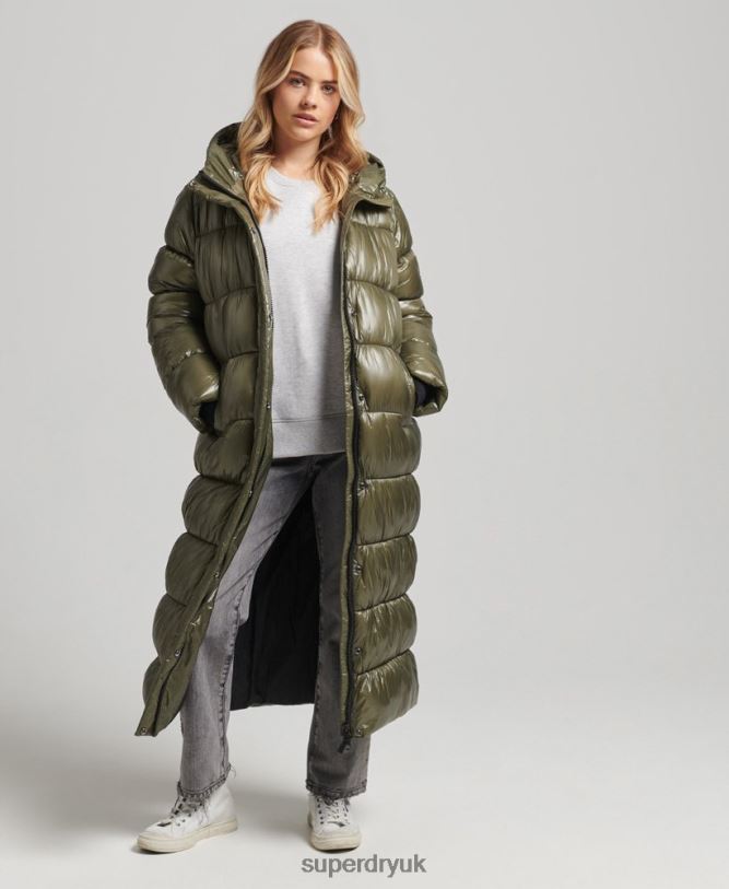 XPD Sports Longline Puffer Coat Women Green Clothing Superdry 66N8N3746