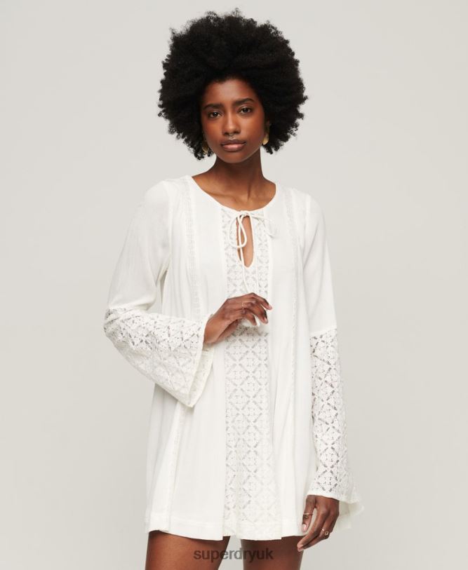 Lace Flare Sleeve Mini Dress Women Cream Clothing Superdry 66N8N2079