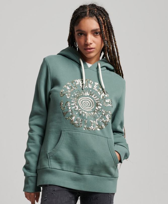 Embellished Hoodie Women Green Clothing Superdry 66N8N2298