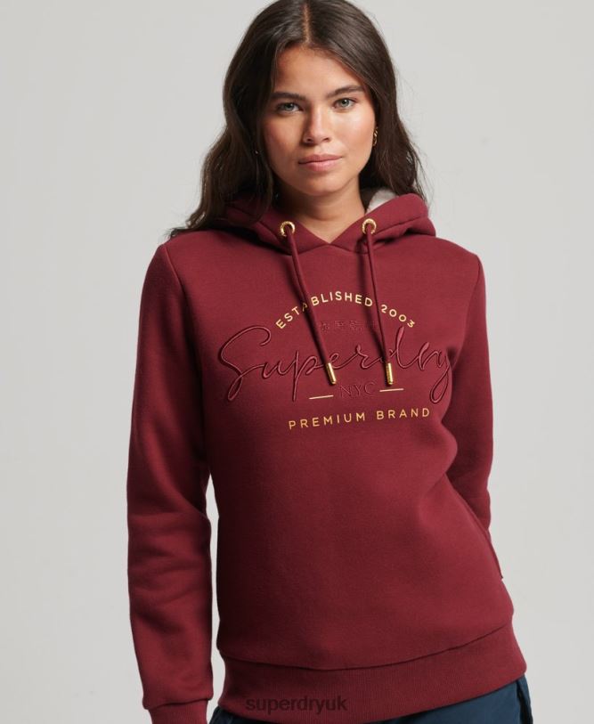 Luxe Embroidered Logo Hoodie Women Red Clothing Superdry 66N8N6025