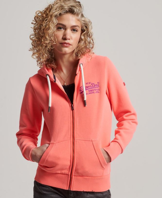 Vintage Logo Neon Zip Hoodie Women Coral Clothing Superdry 66N8N2065