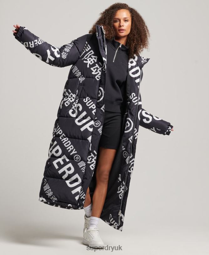 All Over Print Longline Puffer Jacket Women Black Clothing Superdry 66N8N5653