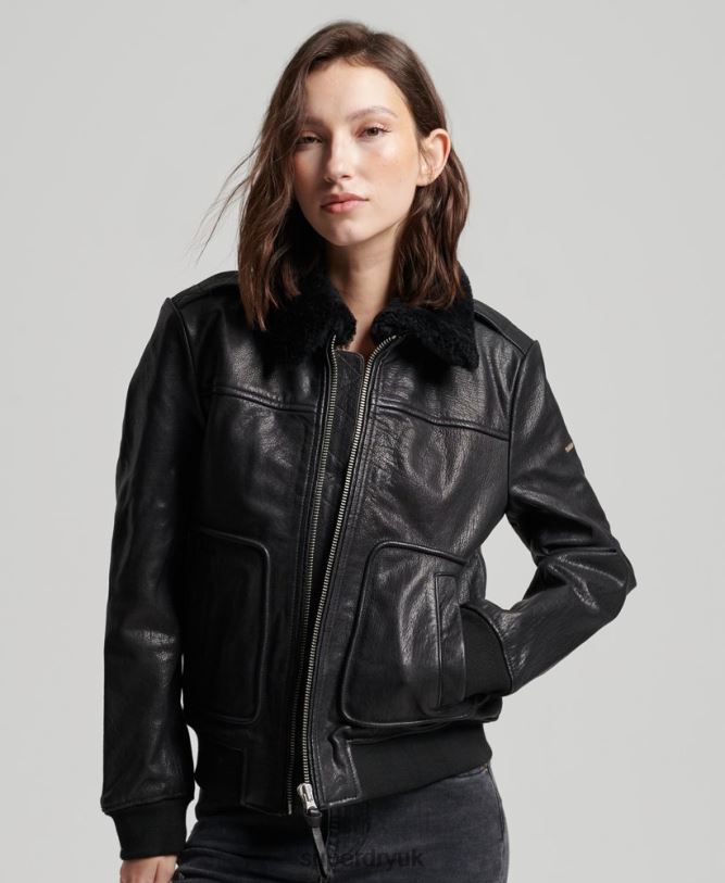 Aviator Flight Leather Jacket Women Black Clothing Superdry 66N8N5702