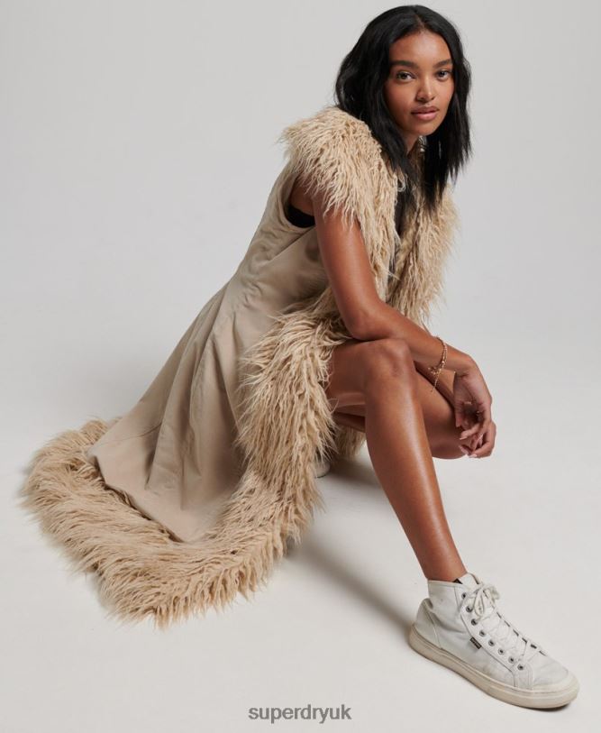 Faux Fur Afghan Long Gilet Women Brown Clothing Superdry 66N8N3560