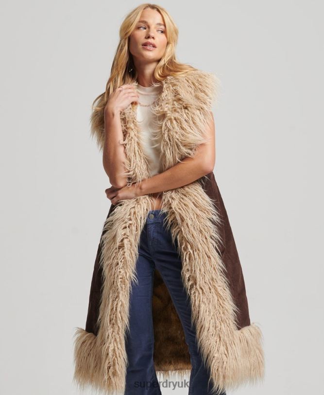 Faux Fur Afghan Long Gilet Women Brown Clothing Superdry 66N8N3561